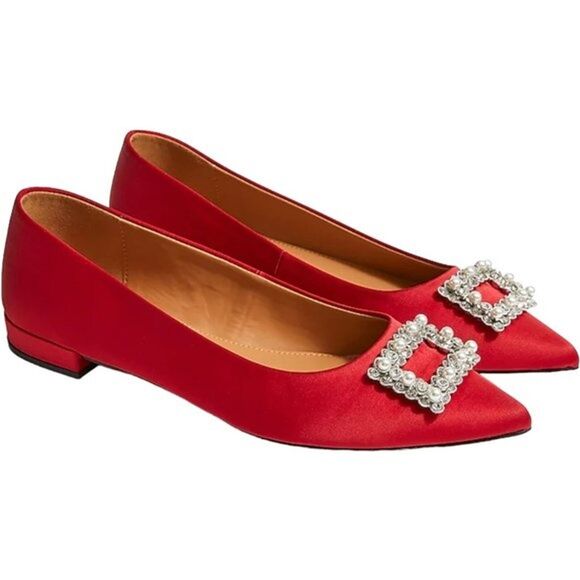 J.Crew Red Pointy-toe Crystal Classic Red Flats, US7 - Picture 1 of 10